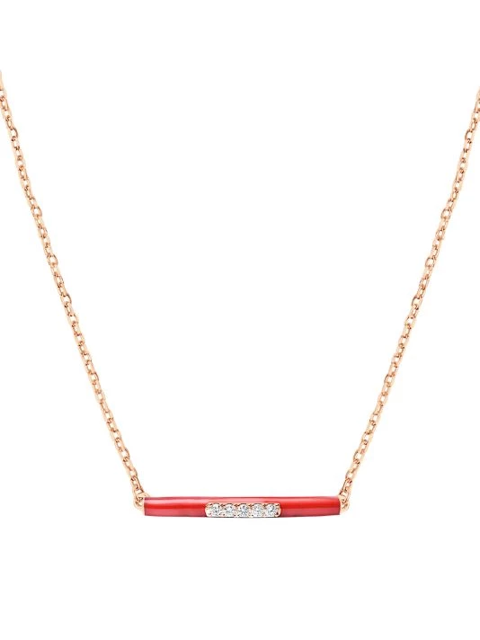 DJULA Marbella 14K Rose Gold, Red Enamel, & Diamond Bar Pendant Necklace